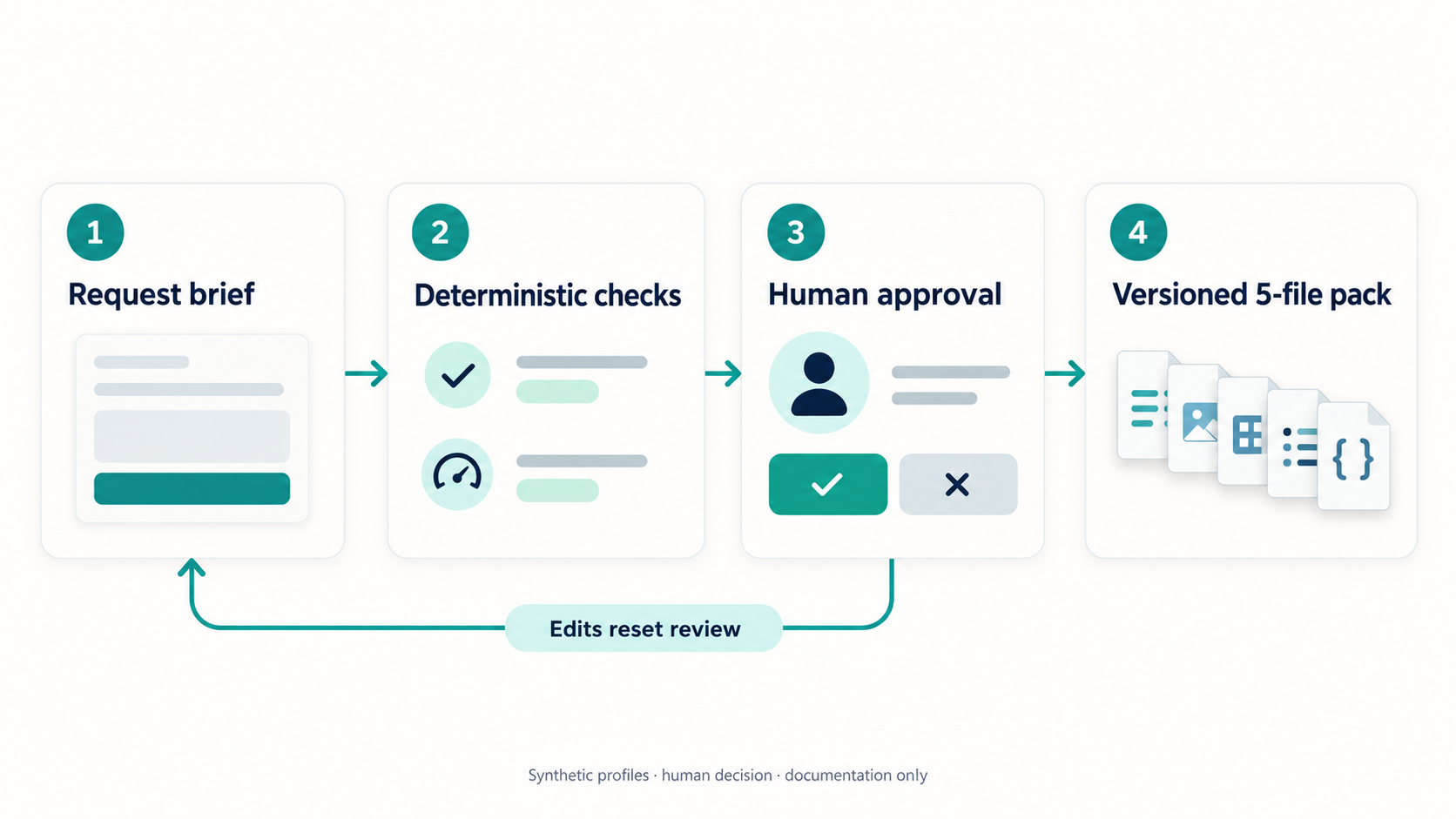 Four workflow stages: request brief, deterministic checks, human approval, and a versioned five-file pack. Editing the request resets review.